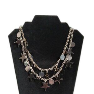 Silver Tone Metal Curb Link Double Strand Star & Circle Charm Statement Necklace